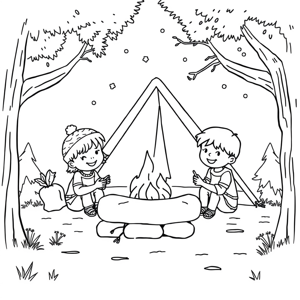 Children camping outdoors together line art