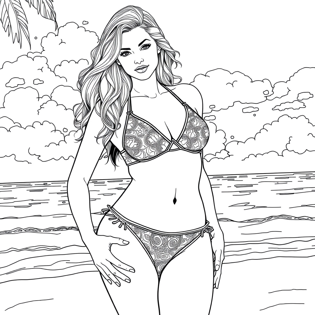 A beautiful woman is wearing a bikini on the beach.